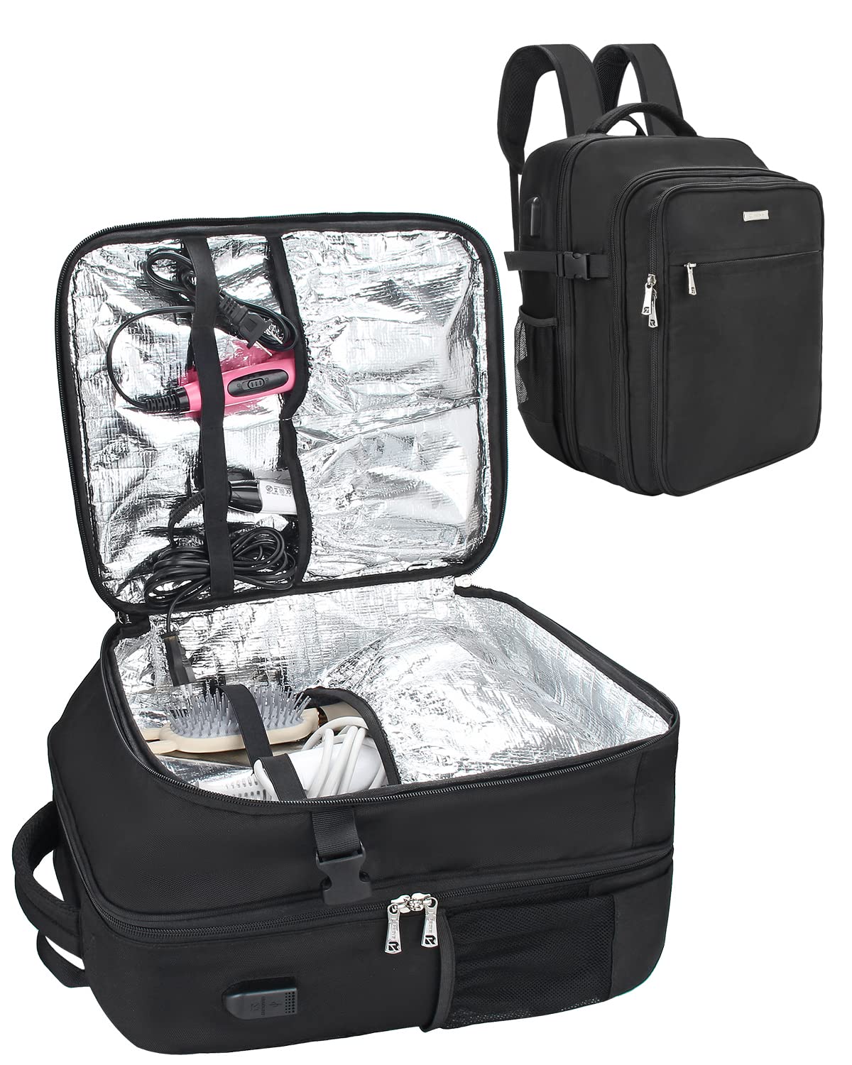 MONSTINA Barber Travel Backpack,16.5" Large Makeup Train Case for Hairdresser,Professiona Hairstylist Organizer Hairdressing Tool Box,Insulated Compartment,USB External Charging