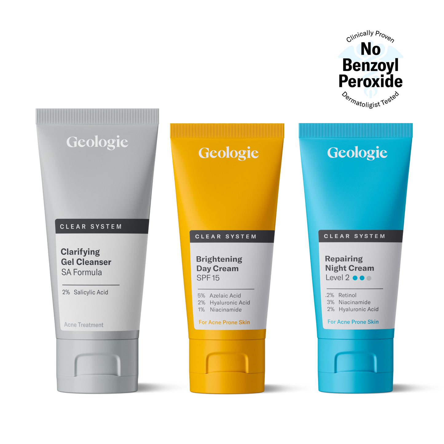 Three Clear System skincare products by Geologie, including an acne treatment gel, a brightening day cream with SPF15, and a repairing night cream, all containing salicylic acid. Please note the downgrade product regarding