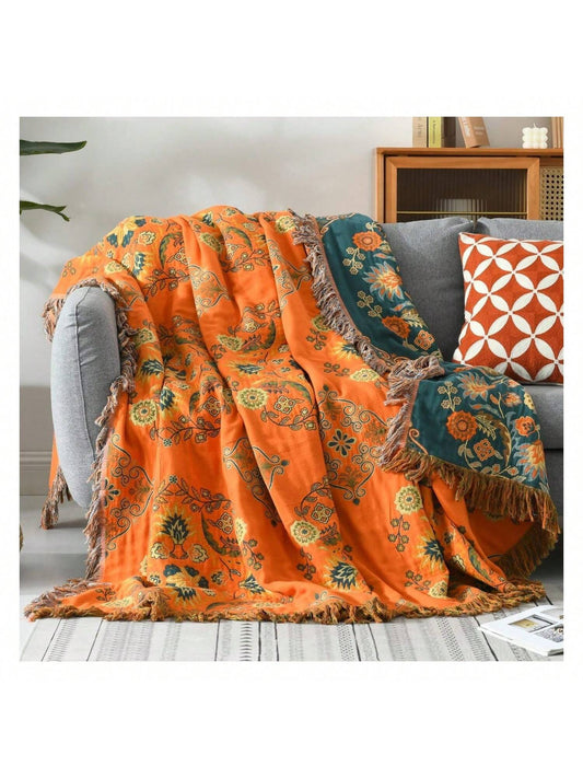 Homehours Orange Boho Queen Muslin Blanket, Bohemian Lightweight Blanket for Summer Queen Size, 100% Cotton Gauze Blanket for Bed Sofa, Reversible Queen Blanket Oversize, 90x98
