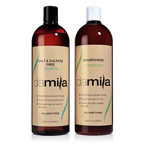 Damila Salt & Sulfate Free Shampoo & Conditioner for Keratin and Color Treated Hair - Professional Keratin Value Pack for Damaged, Frizzy, Curly, Dry & Thin Hair - Shampoo Sin Sal - 33.8 Fl Oz