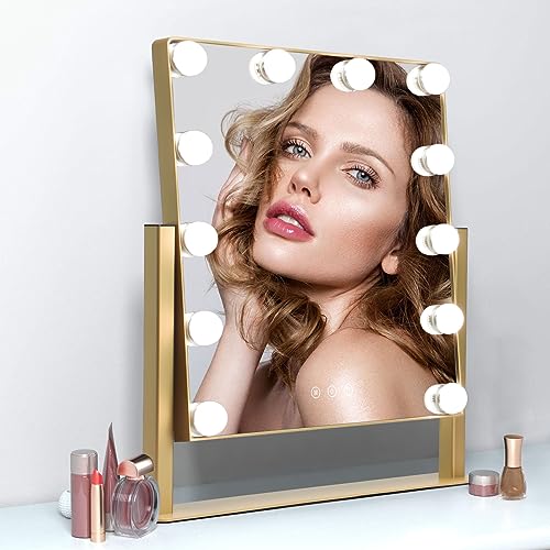 Depuley Hollywood Makeup Vanity Mirror with Lights, 12 Dimmable Led Bulbs, 3 Color Modes, Detachable 10x Magnification, Touch Control, Lighted Vanity Mirror 360° Rotation, Gold, 17.3"×18.5"