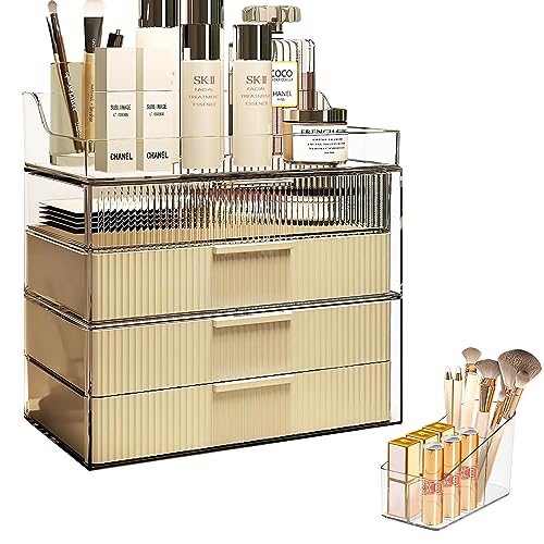 DASITON Cream Dustproof Four layers Storage Box,Makeup Brush Holder,Large Capacity Desktop Storage Box with Drawer,for Beauty Products,Perfume,Jewelry,Nail Polish