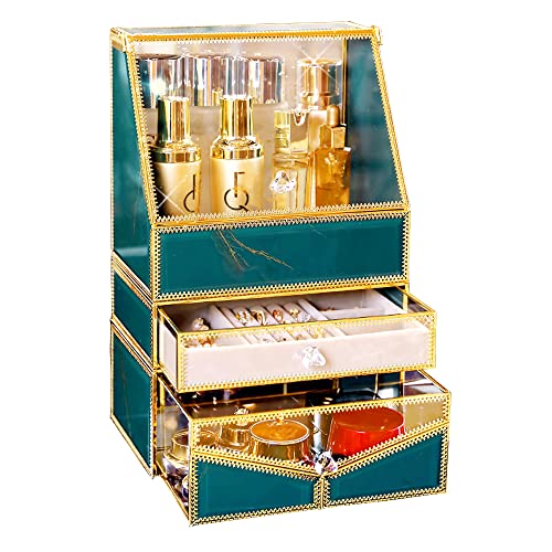 CoralHouse Makeup Organizer Countertop,Cosmetics Organizer,Skincare Organizer,Makeup Storage,Vanity Organizer,Stackable Tempered Glass Makeup And Jewelry Organizer (Green)