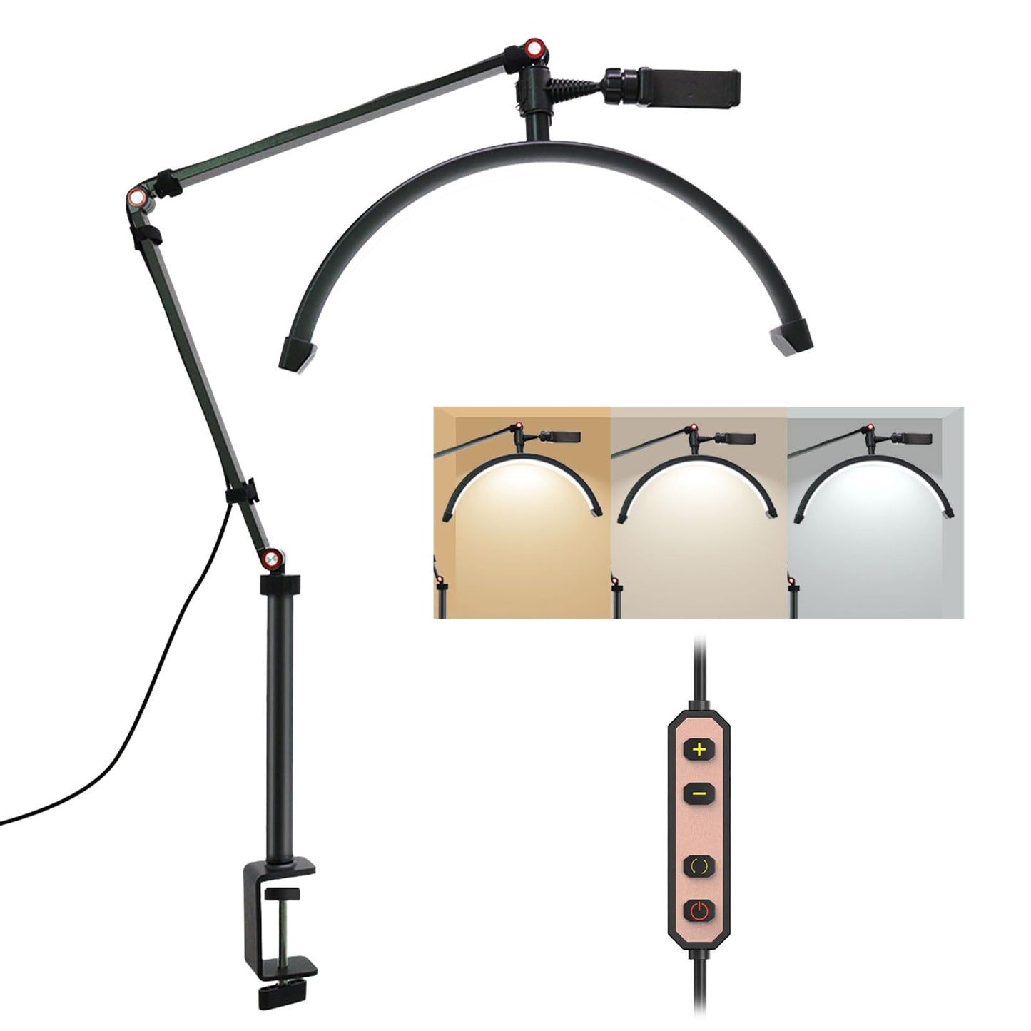 Erinaik LED Lash Light Lash Lamb for Eyelash Extension, Half Moon Eyelash Lamp with Phone Holder for Makeup Nail Art Tattoo Skincare-Adjustable Height Brightness and Color Temperature 3000K-6000K
