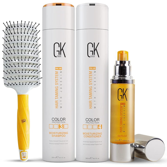 Global Keratin GK Hair Moisturizing Shampoo and Conditioner Set 300ml I Organic Argan Oil Hair Serum 50ml For Frizz Control Dry Damage Hair Repair I Vent Brush (2.5 Inch) Rubber Handle