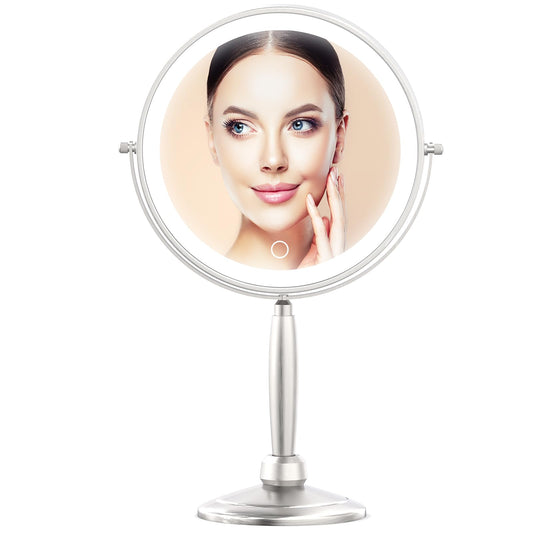 MIRRORMORE Professional 9" Lighted Makeup Mirror, 4000mAh Rechargeable 10x Magnifying Vanity Mirror with 52 Premium LED Lights,3 Colors, Brightness Dimmable,360° Rotation, Detachable