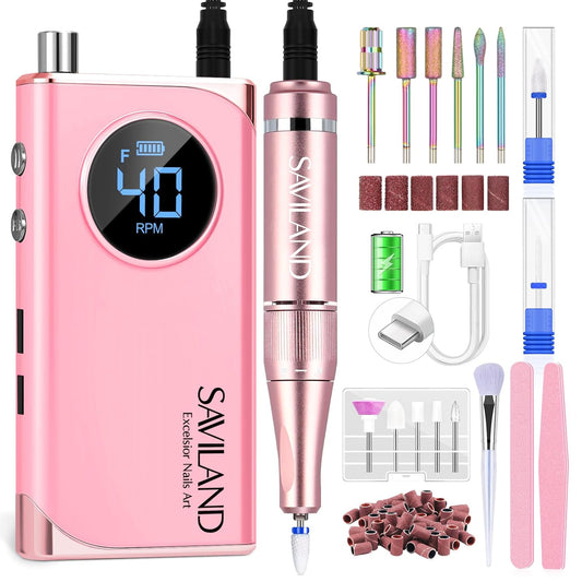 SAVILAND Electric Nail Drill Professional: 40000RPM Nail Filer Electric Manicure Pedicure13 Nail Drill Bits for Acrylic Nails False Nails Gel Nails Dip Nail Artificial Nails Home Salon