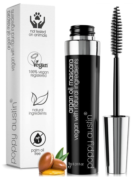 Poppy Austin Mascara 9g - Lash Mascara - Organic Mascara, Paraben-Free, Vegan Mascara, Cruelty-Free Mascara Black - Hypoallergenic Mascara Lengthening &amp; Volumizing with Argan Oil, Natural Mascara