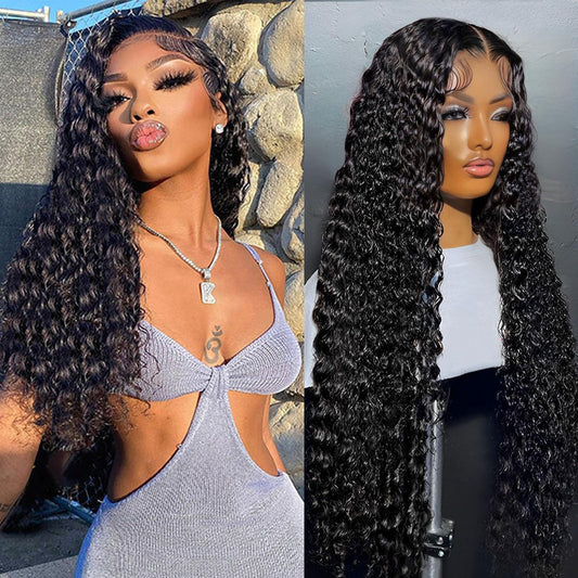 Momaksa Water Wave Lace Front Wig Human Hair 13x4 HD Transparent Water Wave Wig 180% Density Natural Black 22 Inch