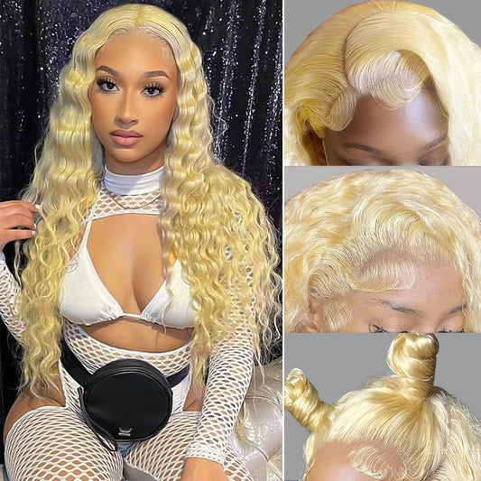 Poghes 613 Lace Front Wig Human Hair 180% Density Blonde Lace Front Wigs Human Hair 613 HD Lace Frontal Wig 13x4 Deep Wave Lace Front Wigs Human Hair for Women Pre Plucked with Baby Hair(20 Inch)