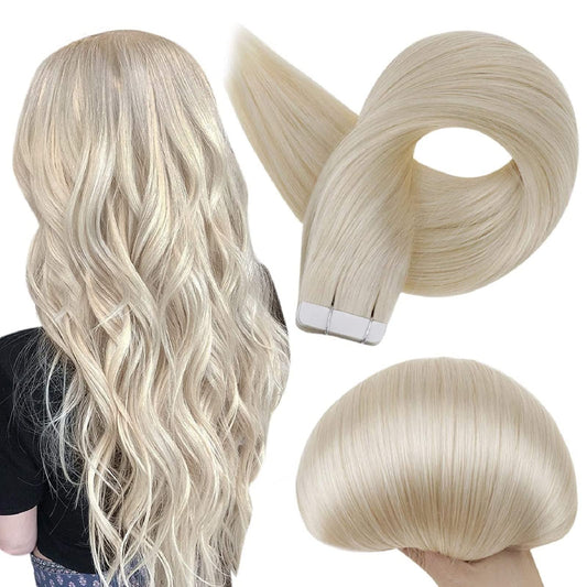 Full Shine Tape Hair Extensions Brazilian Real Human Hair Color 60 Platinum Blonde Seamless Skin Weft Tape ins 20Pcs Pu Tape in Hair Extension White Tape Adhesive in Extensions 50 Grams 22 Inch