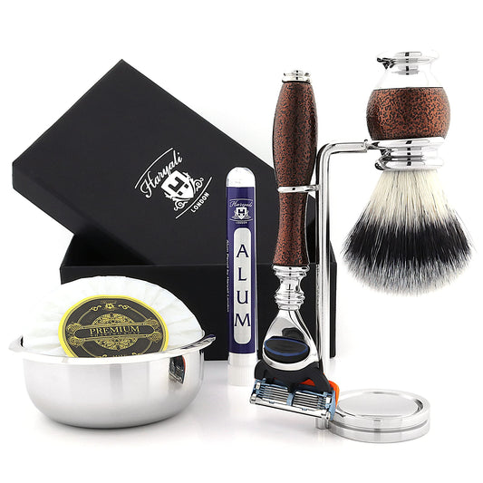 Haryali London 6 Pc Mens Shaving Kit 5 Edge Razor With Synthetic Badger Hair Shaving Brush, Stand, Soap, Bowl and Alum Perfect Set For Men