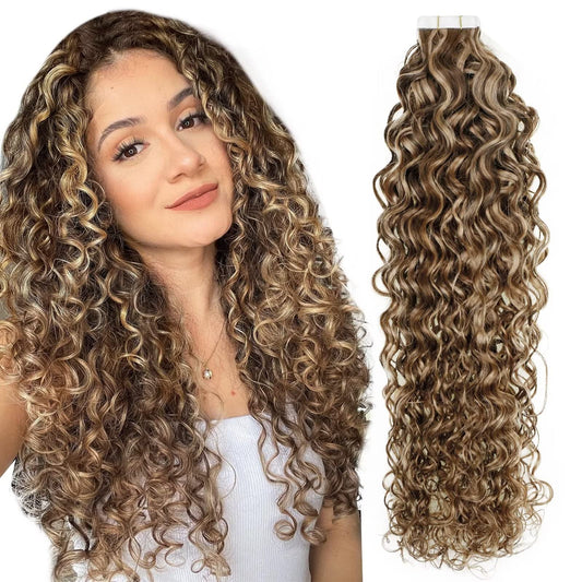 Easyouth Curly Tape in Hair Extensions Medium Brown Highlighted Honey Blonde Curly Human Hair Tape in Extensions Double Sided Hair Extensions Tape ins for Women 22Inch 50g/pack