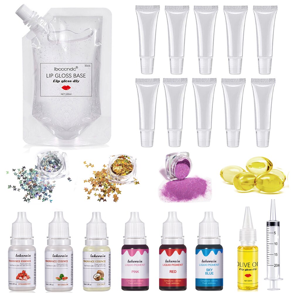 DIY Lip Gloss Kit Moisturizing Clear Lip Gloss Base Gel 100ml with Lip gloss Tubes Pigment Powder Glitter Flavor Essence Oils