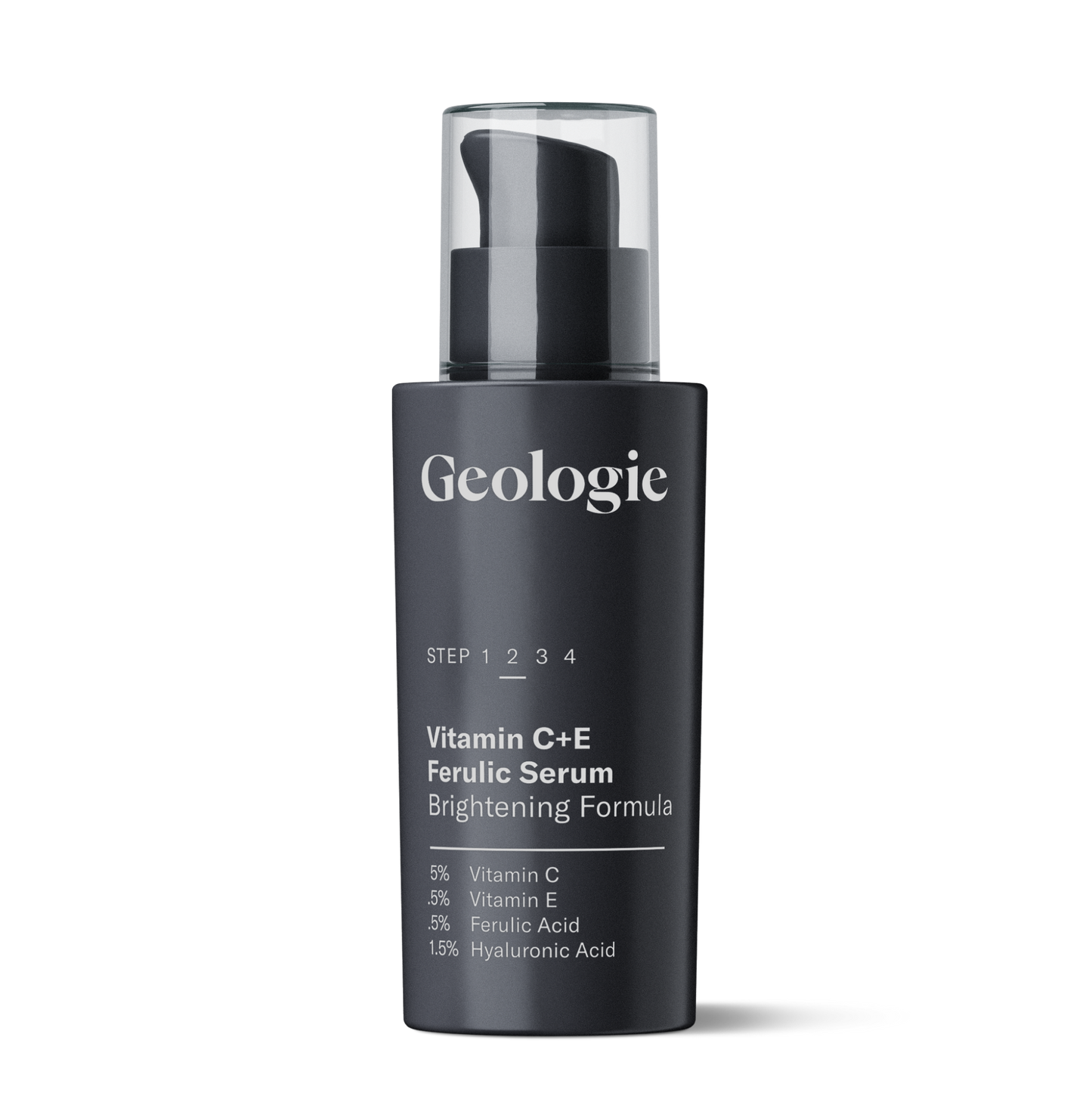 Black bottle of Geologie skincare with Vitamin C+E Ferulic Serum and collagen brightening formula.